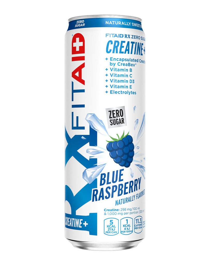 355mL FITAID RX creatine energy beverage in blue raspberry flavour with zero sugar and Creapure creatine