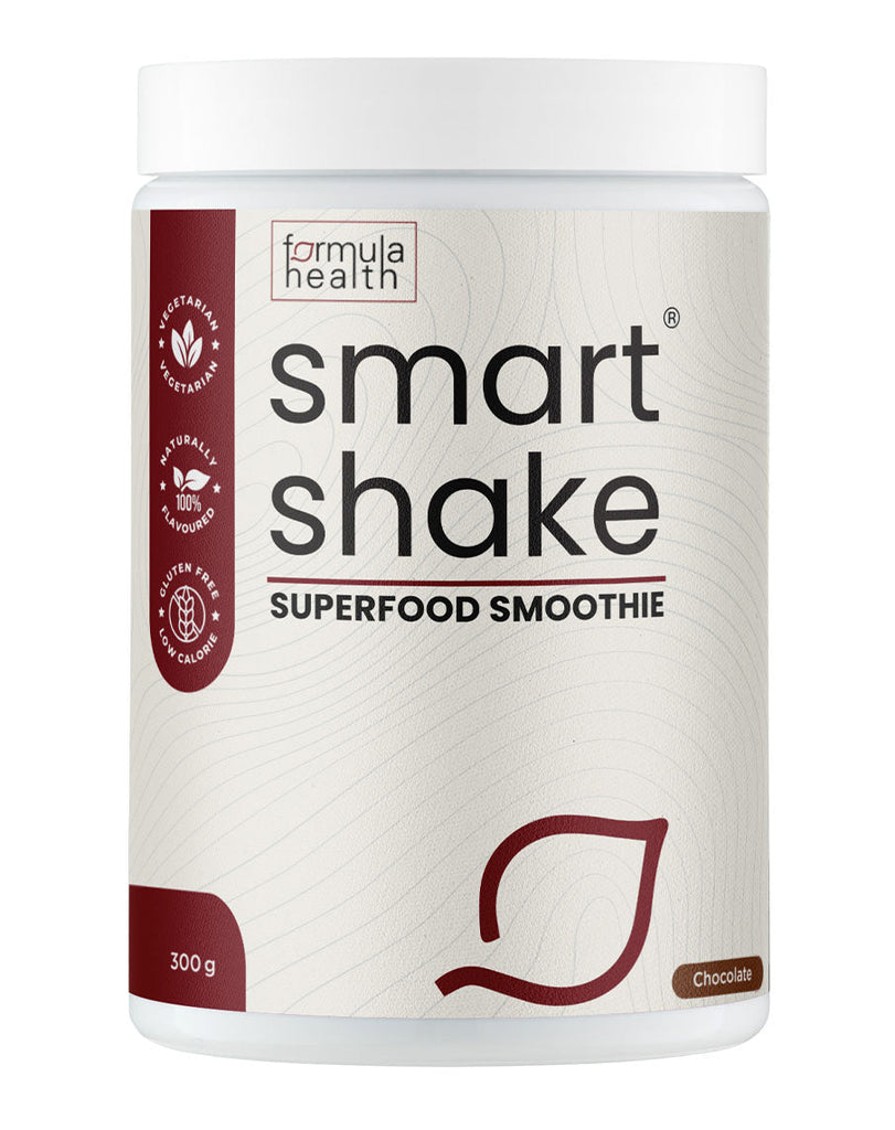 Smart Shake by Formula Health, 300g chocolate superfood smoothie supplement in a white container with screw-top lid