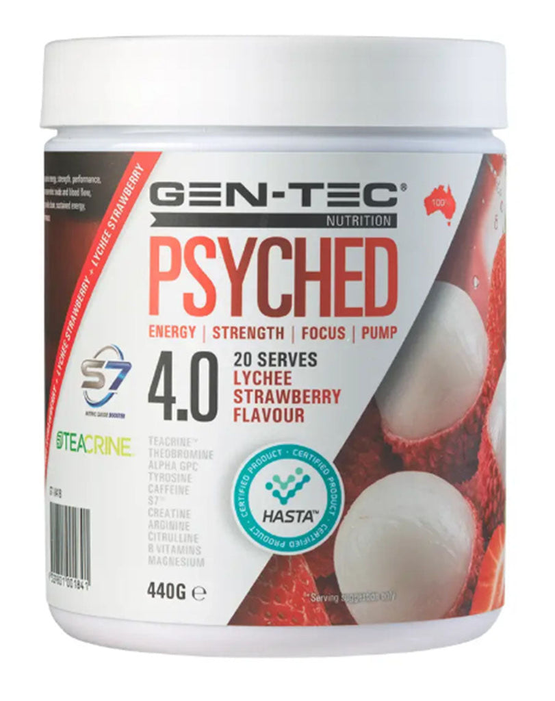 GEN-TEC Nutrition Psyched 4.0 energy and focus pre-workout, lychee strawberry 440g container