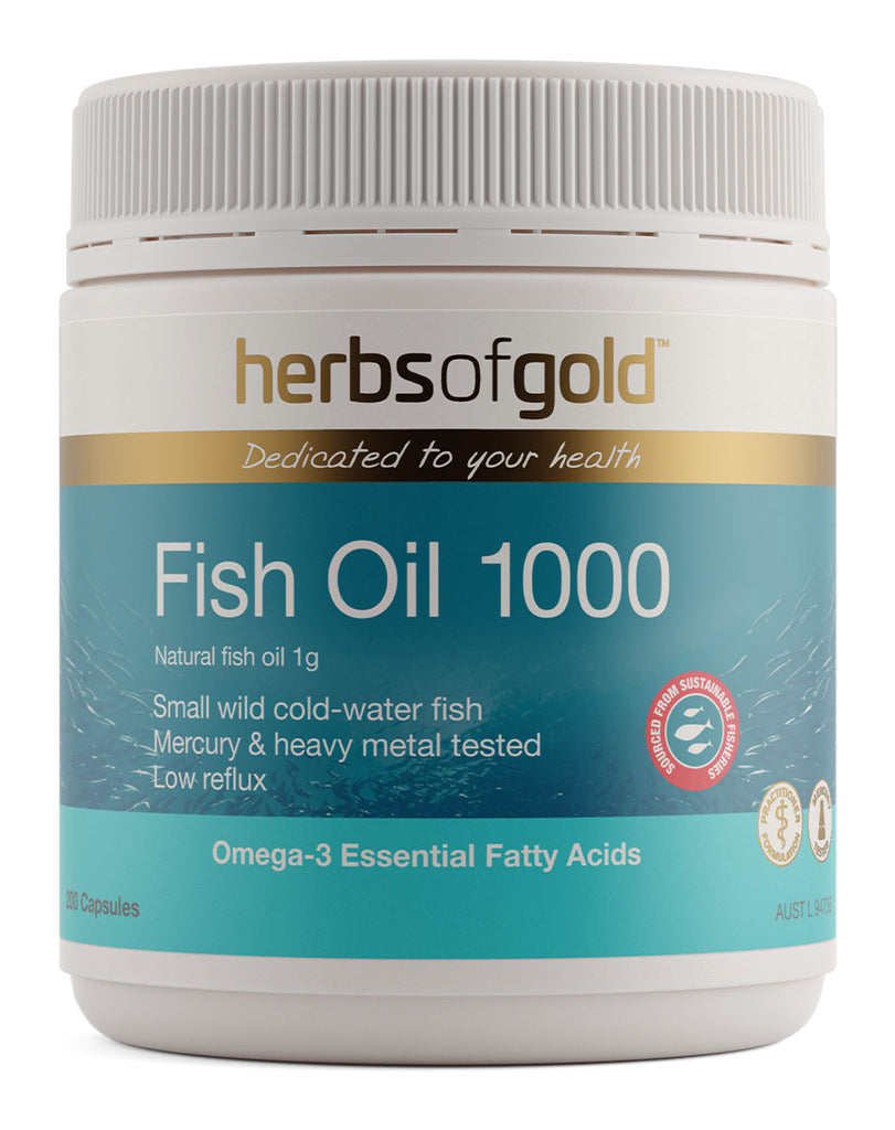 Herbs of Gold Fish Oil 1000 omega-3 supplement, 200 capsules in white tub with teal label