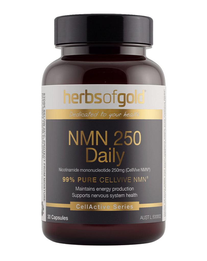 NMN 250 Daily by Herbs of Gold, 30-capsule CellActive Series supplement in a brown bottle