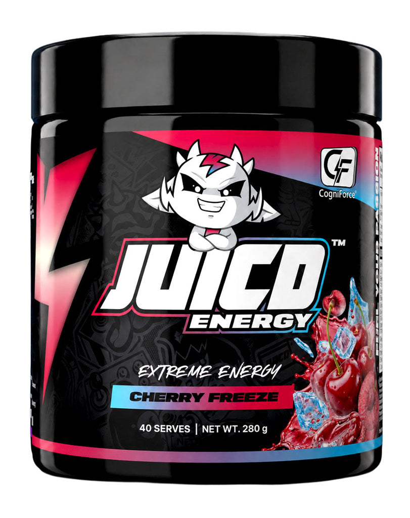 JUICD Energy Cherry Freeze extreme energy supplement by CognitoForce, 40 serve black container
