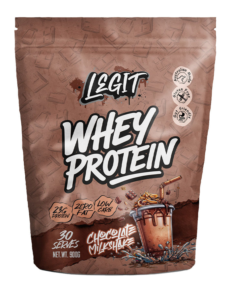 Legit Chocolate Milkshake whey protein powder 900g bag, Australian made supplement with 23g protein and zero fat