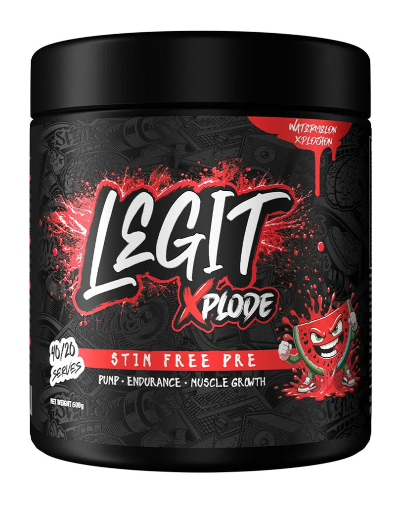 Legit Xplode 600g stimulant-free pre-workout in Watermelon Xplosion flavour, black container with watermelon graphics