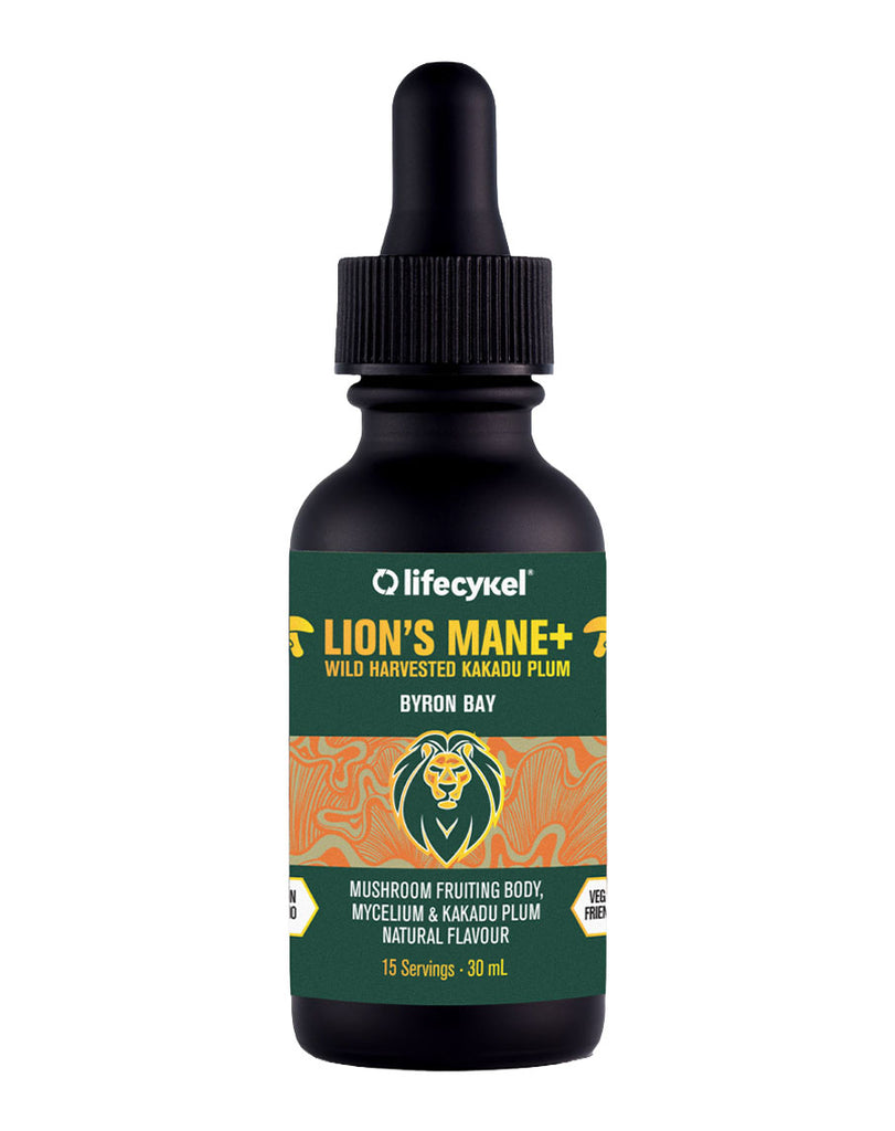 Lion’s Mane mushroom extract by Life Cykel, 30mL vegan tincture with wild-harvested Kakadu Plum flavour
