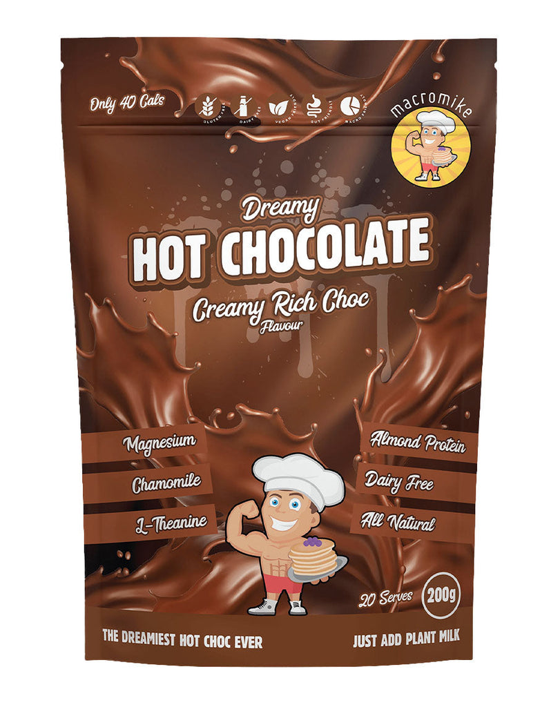 Dreamy Hot Chocolate by Macro Mike, 200g creamy rich choc mix with almond protein, dairy-free formula