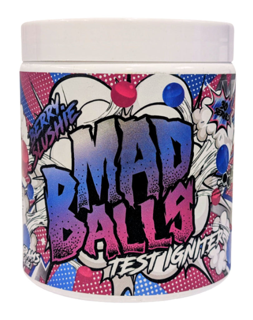 Berry Slushie Mad Balls testosterone booster, 30 serves in a white container with pop-art design