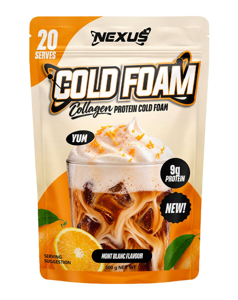 Nexus Mont Blanc Cold Foam collagen supplement in a 500g orange and cream resealable pouch, featuring 20 serves