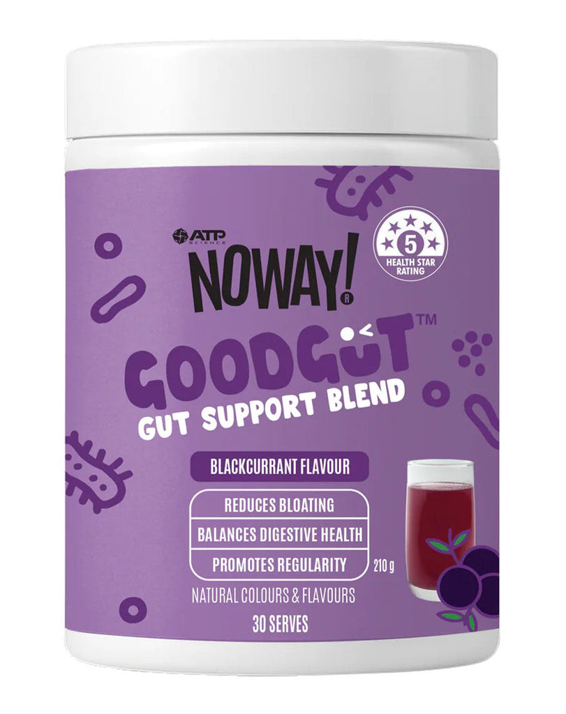 NOWAY GoodGut blackcurrant gut health supplement, 210g white container with bloating support claims