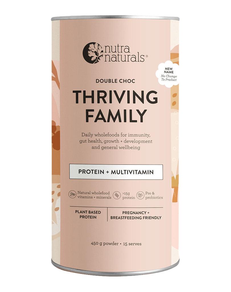 Nutra Naturals double choc Thriving Family supplement, 450g protein and multivitamin powder canister