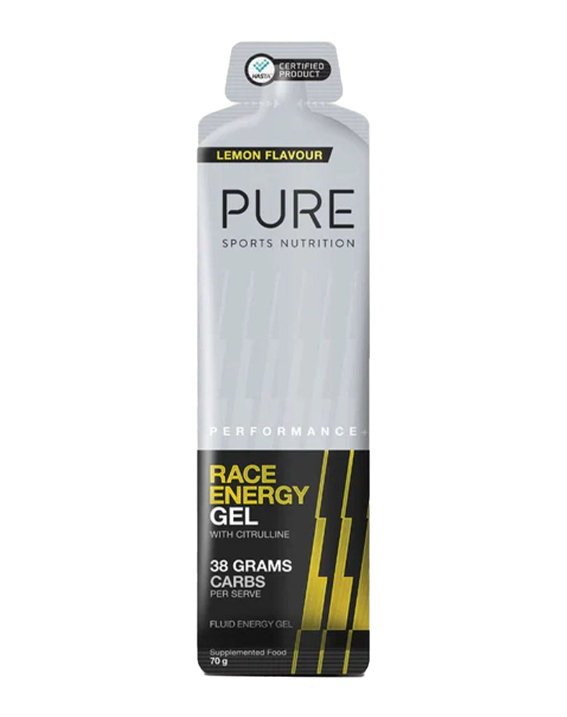 Lemon PURE Race Energy Gel 70g fluid sachet, 38 grams carbs, citrulline performance formula