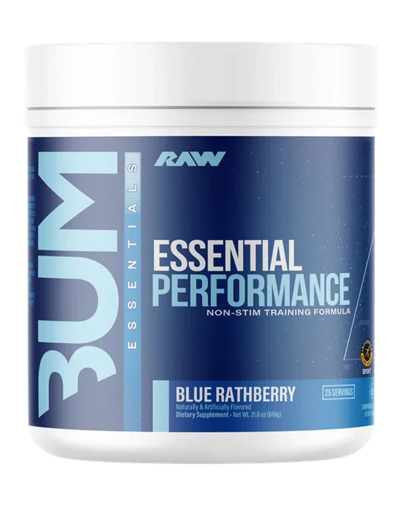 3D blue label RAW Essentials non-stim formula, Blue Rathberry 618g container, 25 servings