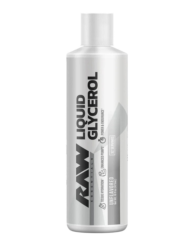 Unflavoured RAW Liquid Glycerol supplement, 16 fl oz silver bottle with label for endurance