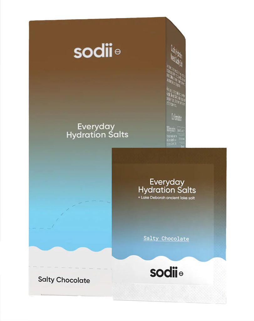 Everyday Hydration Salts by sodii e Salty Chocolate electrolyte mix box and single serve sachet pack packaging design