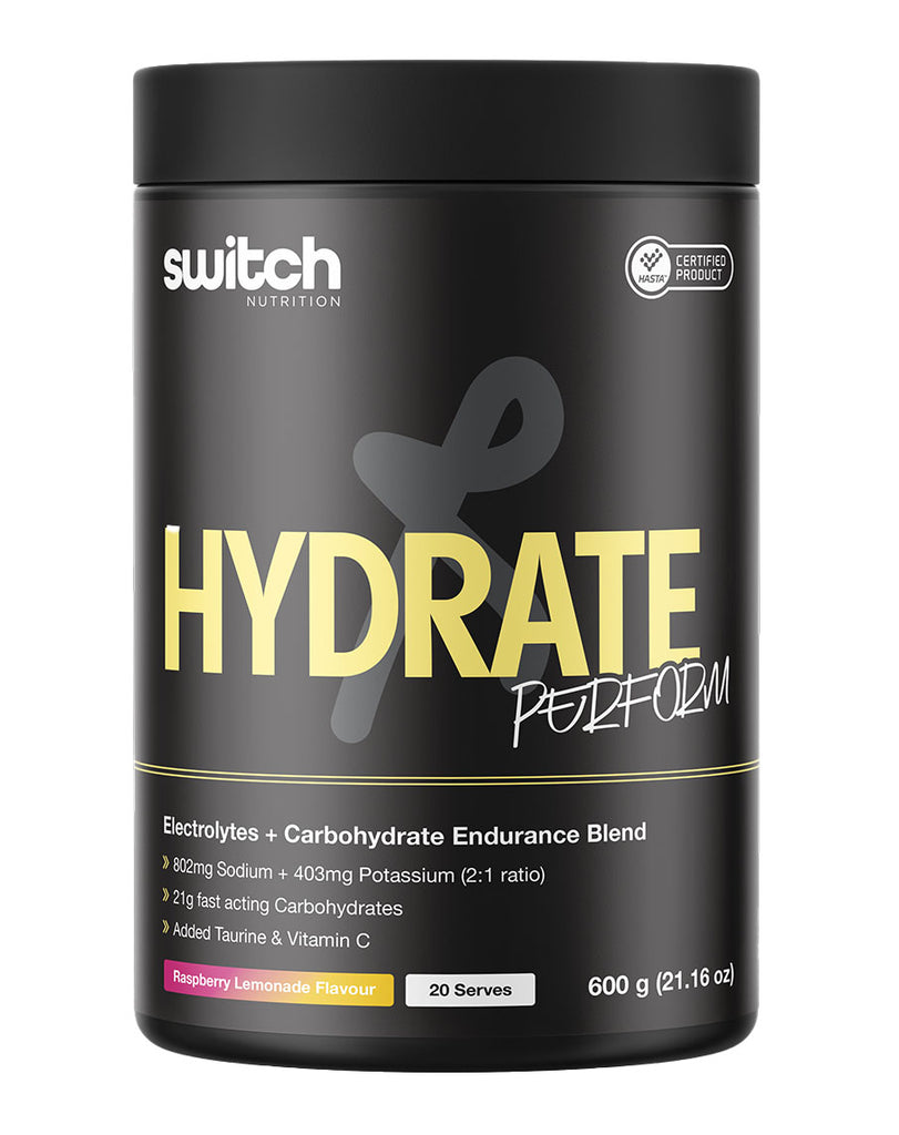 Switch Nutrition Hydrate Perform Raspberry Lemonade electrolyte and carbohydrate endurance drink, 600g black tub, 20 servings