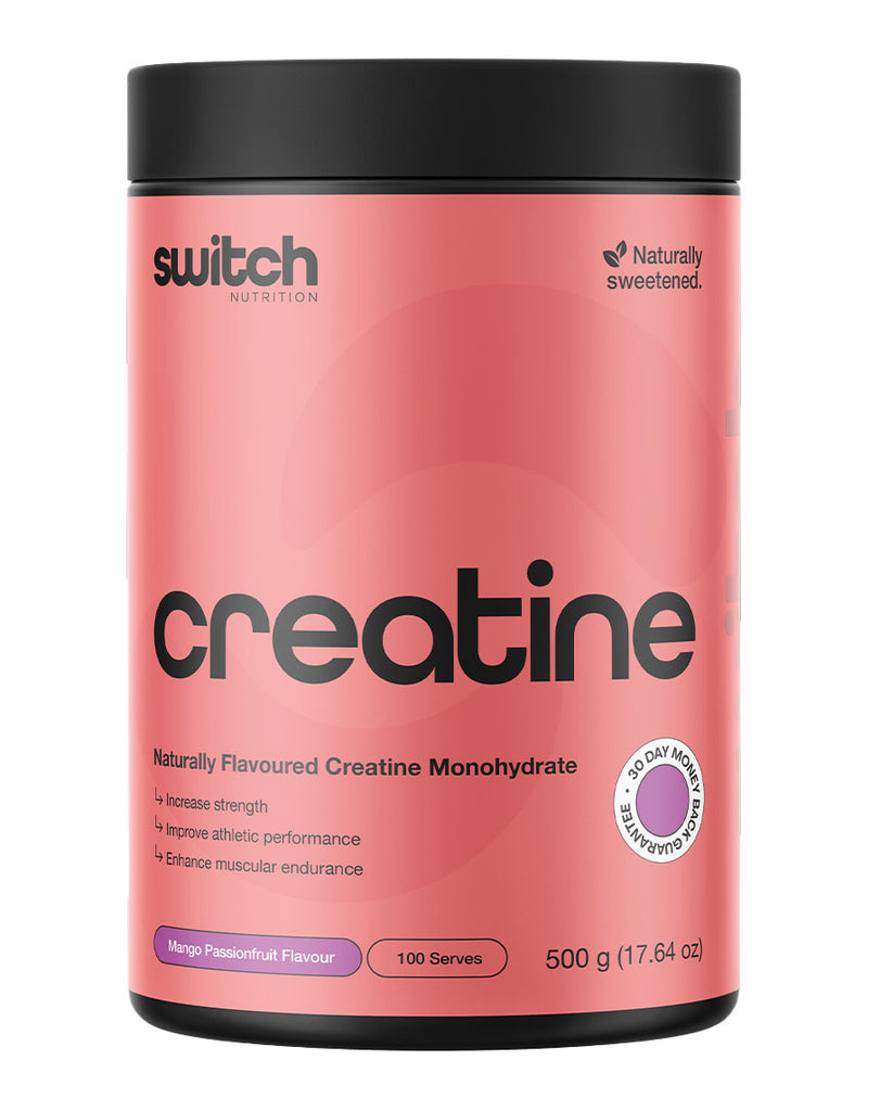 Creatine monohydrate by Switch Nutrition, 500g tub mango passionfruit flavour, pink label sports supplement