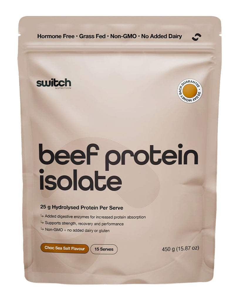 Choc sea salt beef protein isolate by Switch Nutrition, 450g stand-up bag, 15 serves, non-GMO dairy-free supplement