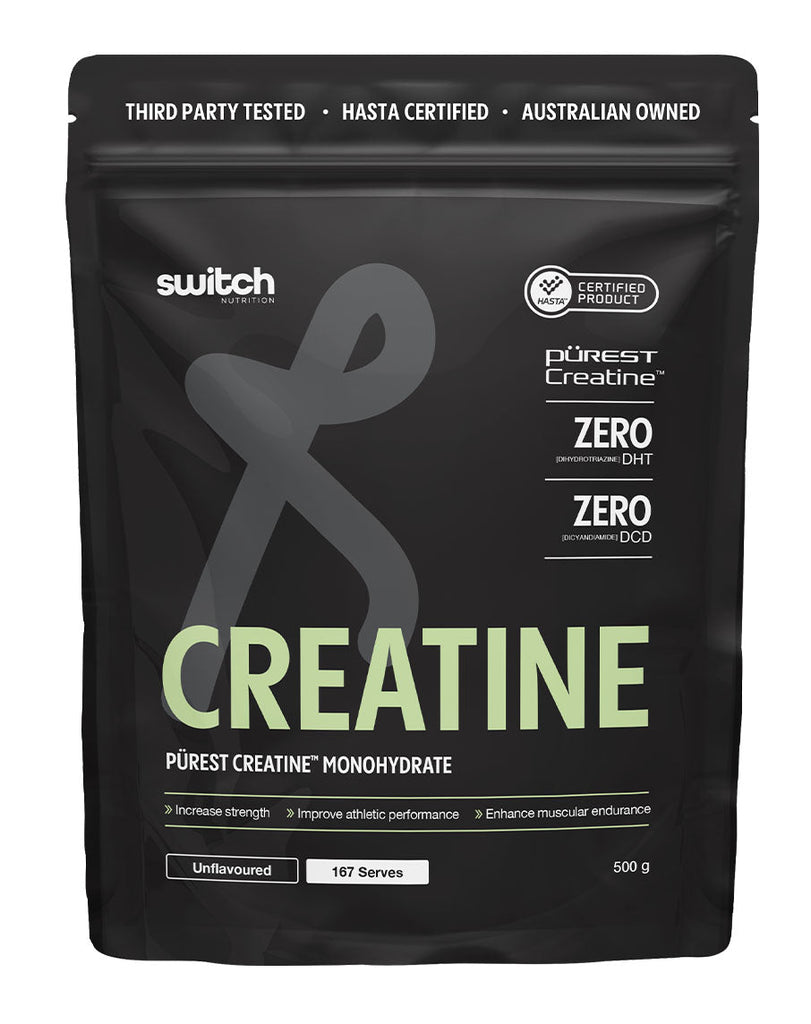 Unflavoured creatine powder by Switch Nutrition, 500g bag with green text and supplement facts