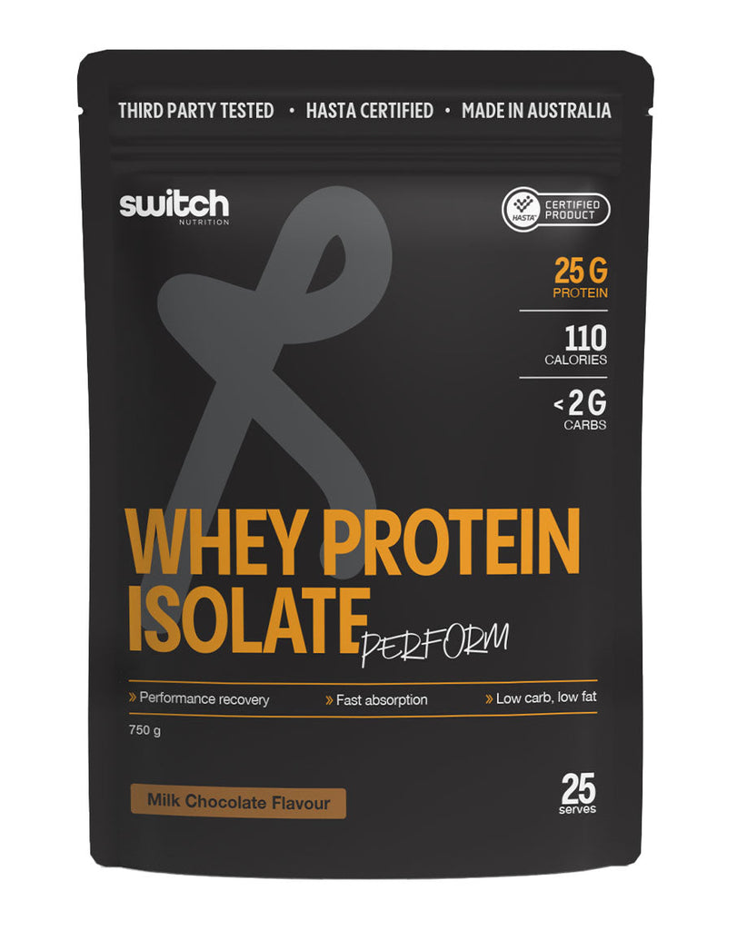 750g milk chocolate whey isolate by Switch Nutrition, black bag with 25g protein per serve label