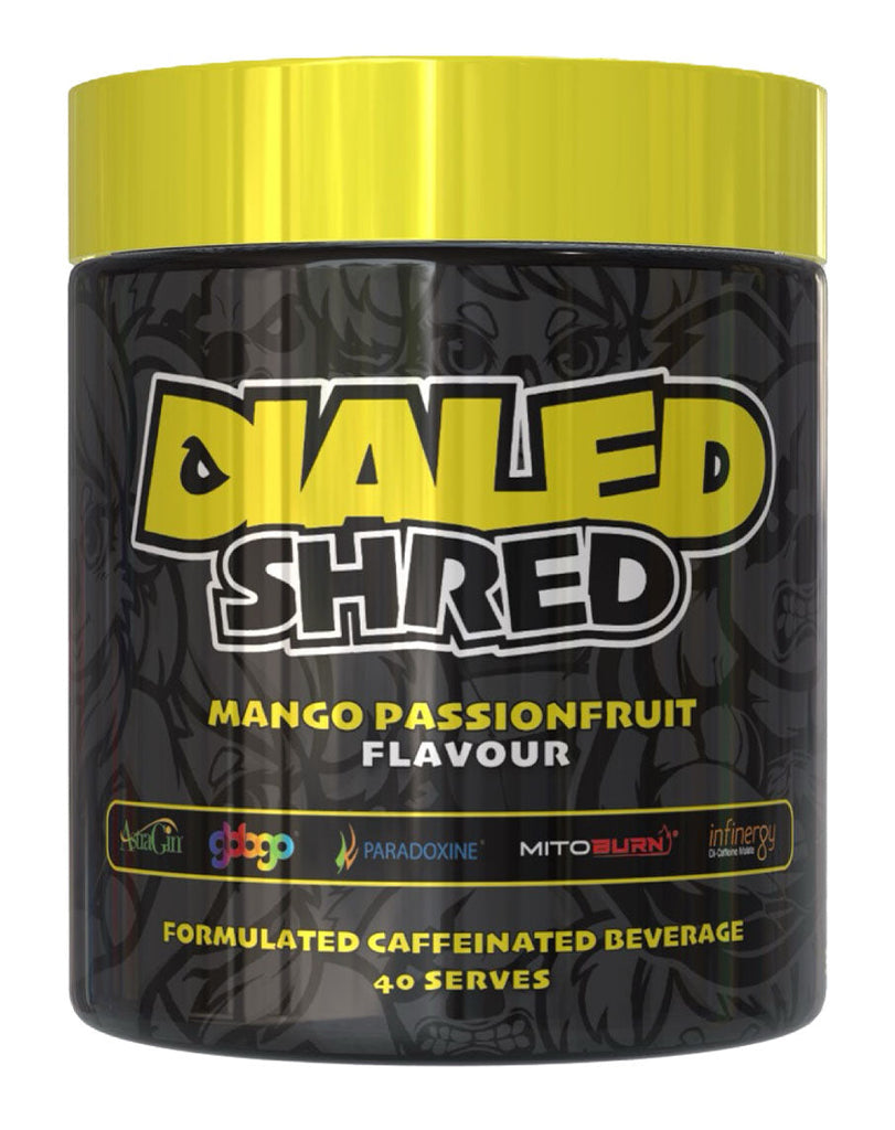 Mango Passionfruit DIALED Shred caffeinated supplement in black container with yellow branding