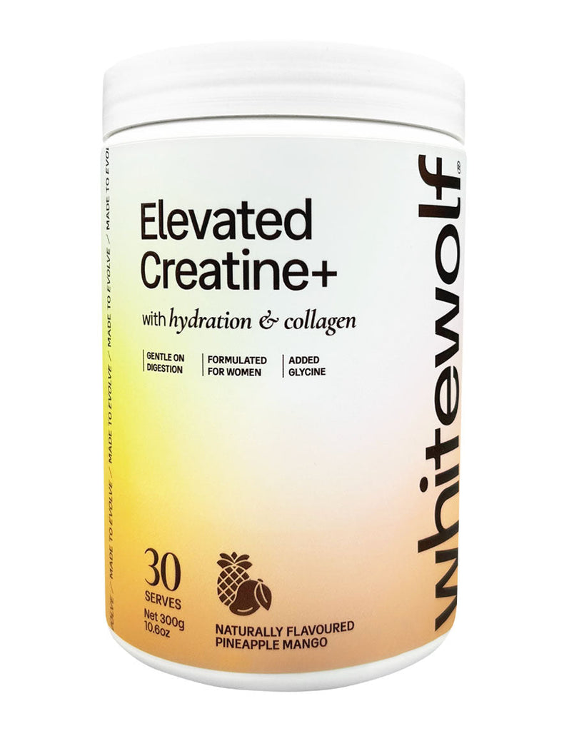 White Wolf Pineapple Mango creatine powder for women, 300g white container with yellow and orange label