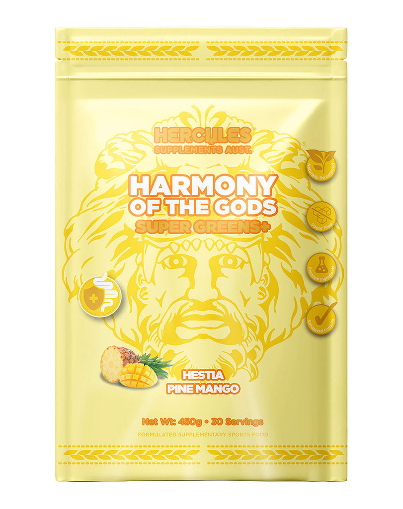 Harmony of the Gods Super Greens+ by Hercules Supplements Aust, Pine Mango flavour, 450g stand-up pouch