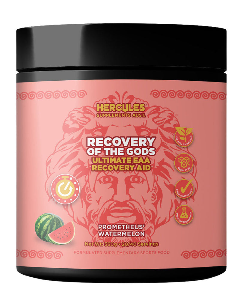 Prometheus Watermelon EAA recovery supplement by Hercules Supplements Aust, 360g container with Zeus label design