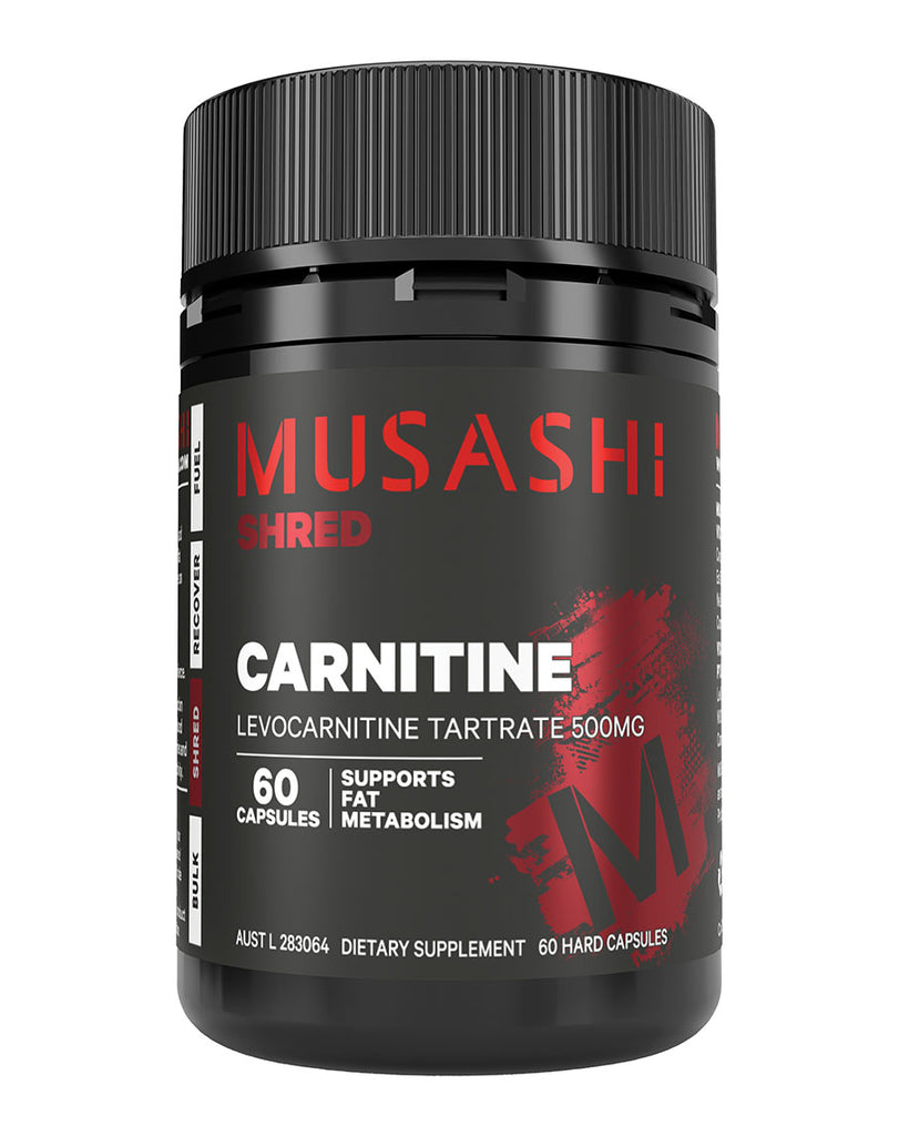 Black cylindrical container of Musashi Shred Carnitine with bold red MUSASHI logo, red SHRED text, and white label highlighting levocarnitine tartrate 500mg.