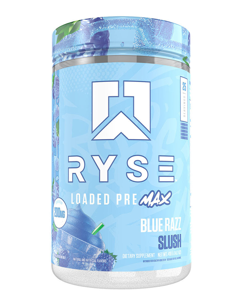 RYSE Blue Razz Slush Loaded Pre Max pre-workout powder, 418g blue tub, 25 serves and 200mg caffeine