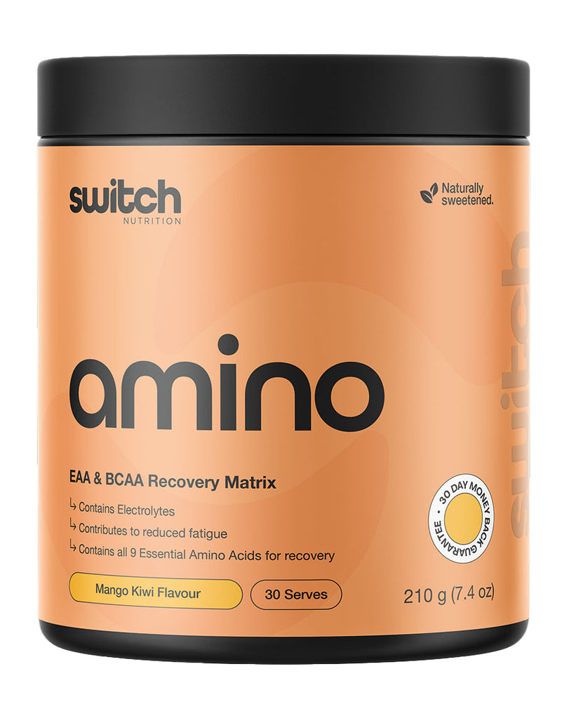 Switch Nutrition Amino EAA BCAA mango kiwi 210g tub, orange label recovery matrix, 30 serves