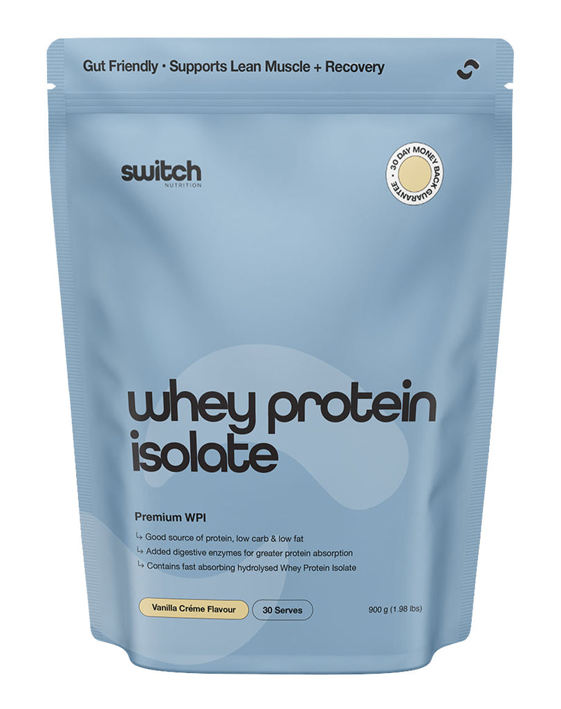 Vanilla Crème whey protein isolate by Switch Nutrition, 900g resealable bag with low carb high protein formula