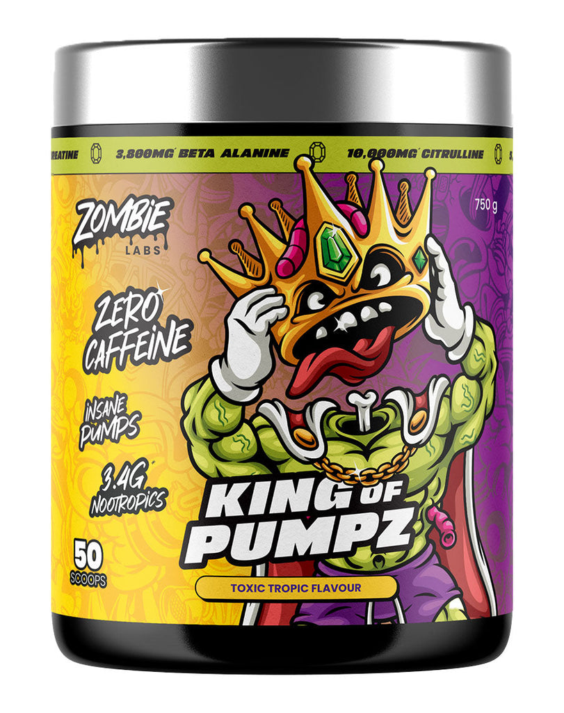 Zombie Labs Toxic Tropic pre-workout 750g, King of Pumpz zero caffeine muscle pump supplement tub