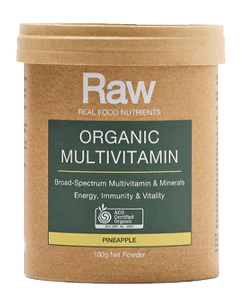 Pineapple-flavoured Raw multivitamin powder, 100g eco-friendly container with certified organic label