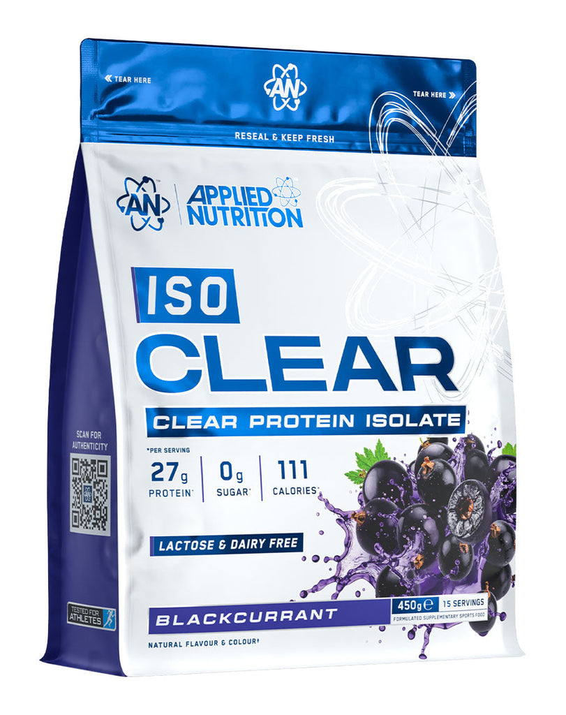 Applied Nutrition ISO Clear blackcurrant clear protein isolate 450g resealable pouch with 27g protein per serving