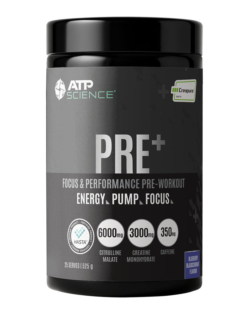 Blueberry blackcurrant ATP Science Pre+ energy supplement, 525g container featuring citrulline malate and creatine monohydrate