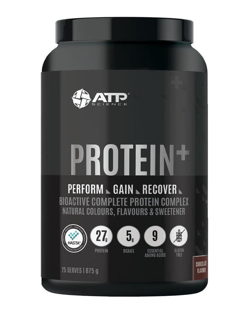 875g ATP Protein+ powder in chocolate, black container showing BCAAs, aminos, and gluten-free label