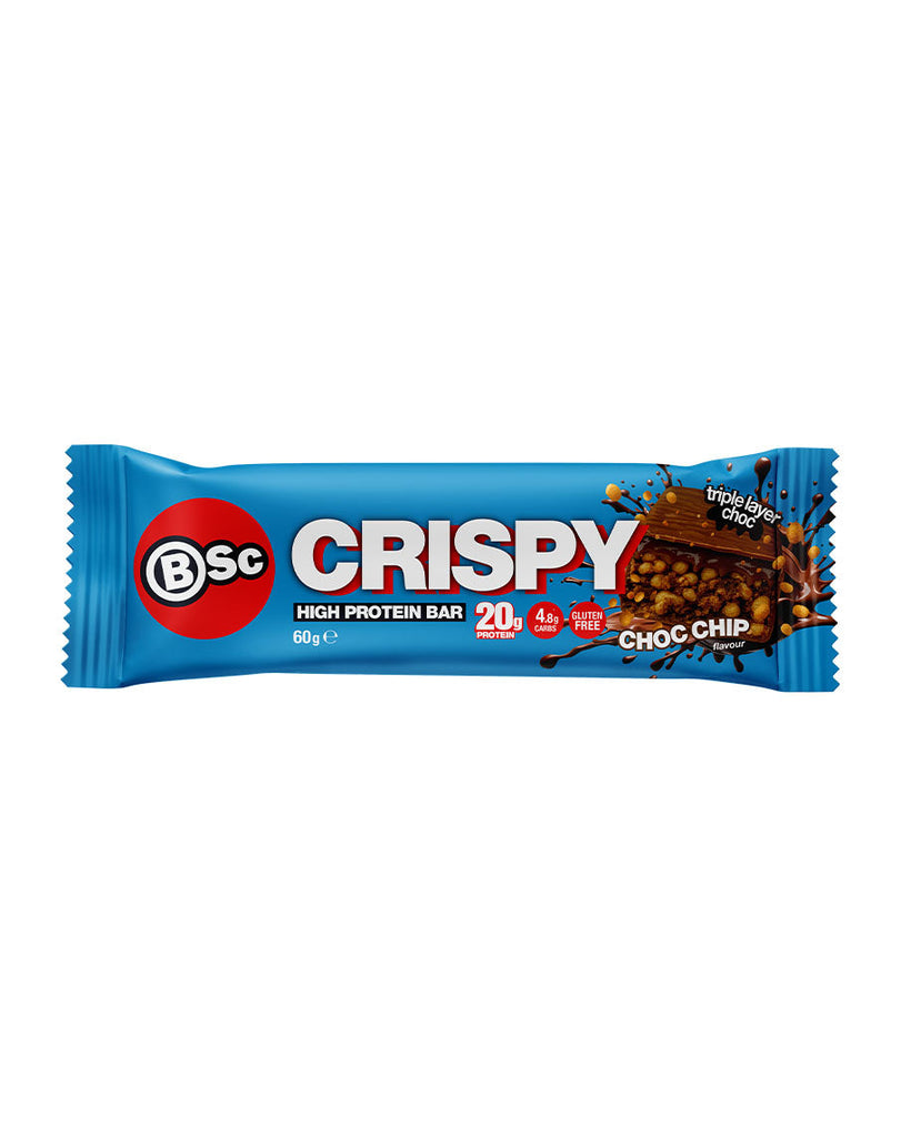 BSc Crispy Choc Chip protein bar 60g, blue wrapper with 20g protein, gluten-free and triple-layer crisp texture