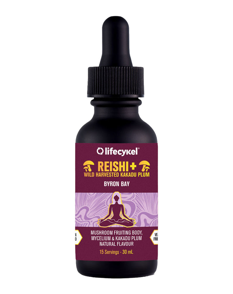 Reishi+ Kakadu plum liquid by Lifecykel, 30mL tincture with purple label and meditating figure
