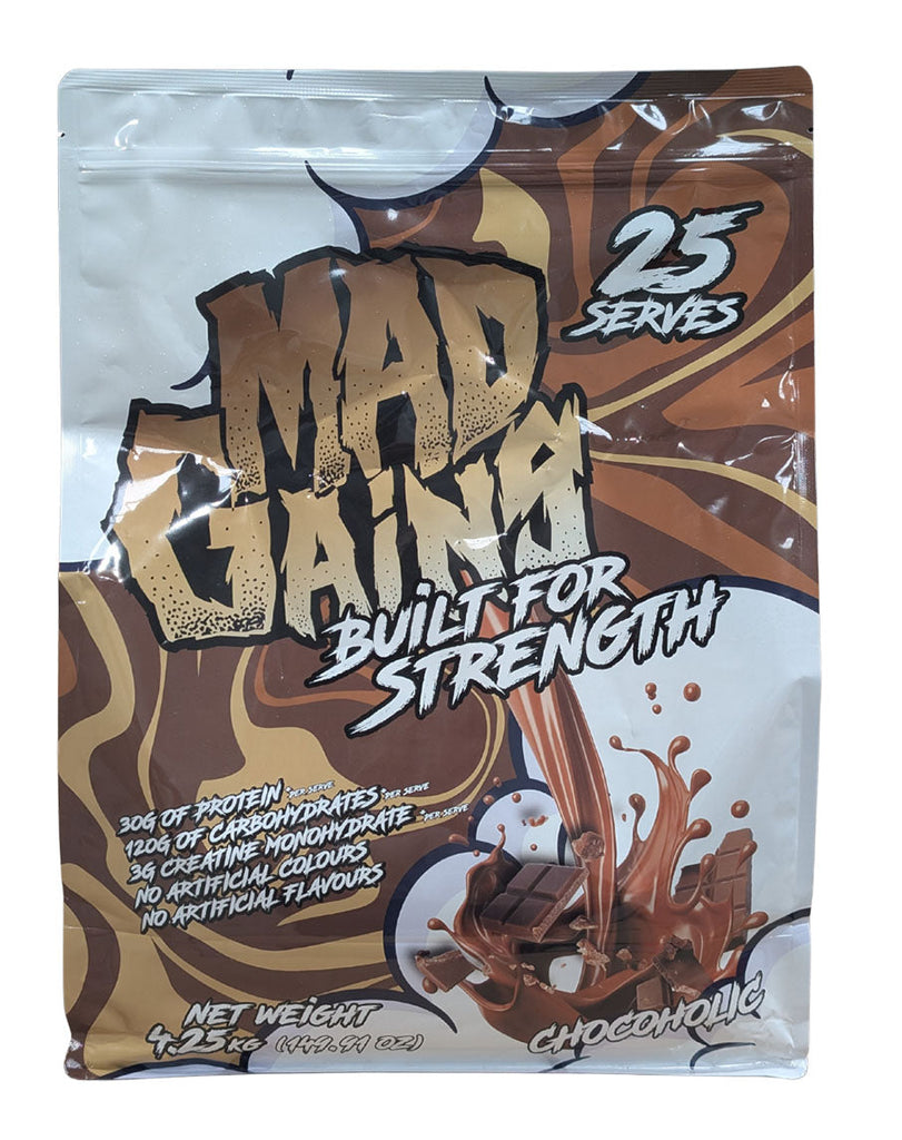 Mad Gains weight gainer supplement, Chocoholic flavour 4.25kg pouch with strength branding label