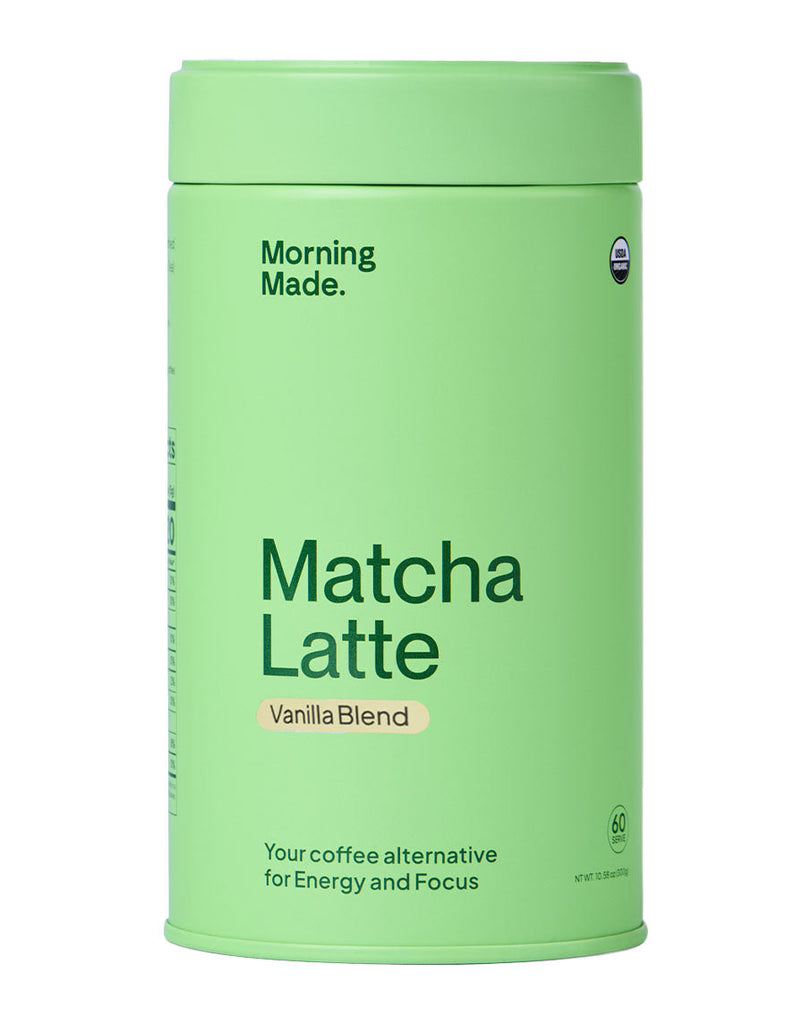 Vanilla Blend Matcha Latte by Morning Made in light green container, 60 serves, USDA Organic