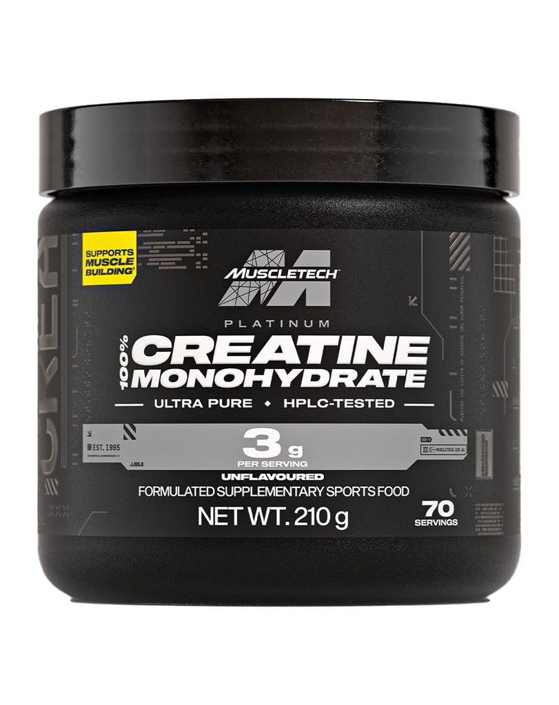 MuscleTech creatine monohydrate powder 210g container, unflavoured formula with black packaging