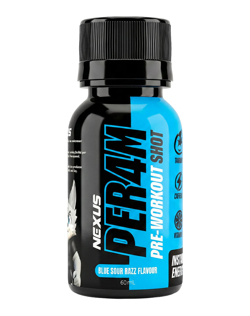 PER4M Blue Sour Razz pre-workout by Nexus in a 60mL bottle with bold blue label and performance branding
