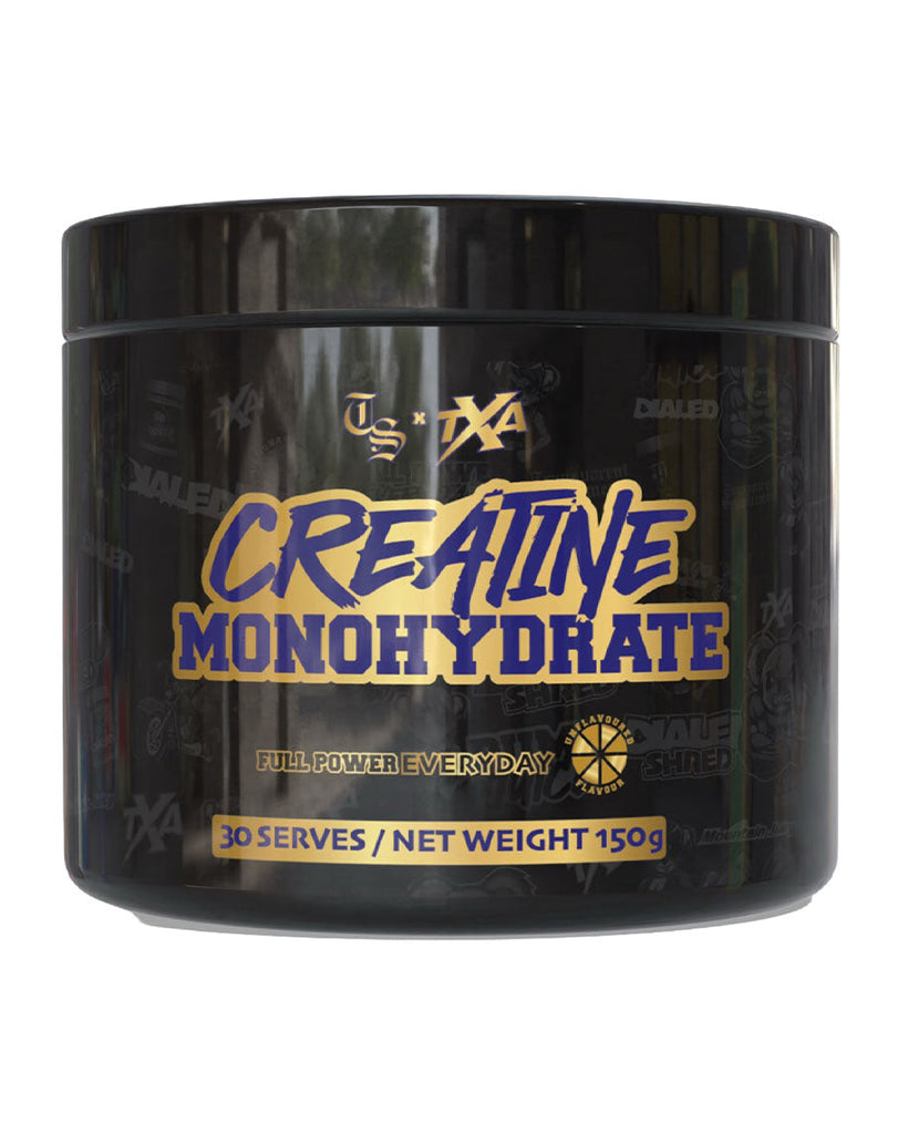 TXA Creatine Monohydrate 150g black tub with blue and gold performance supplement label