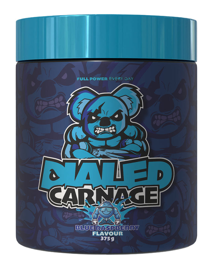 375g Dialed Carnage blue raspberry pre-workout, bold blue/black container with muscular koala artwork