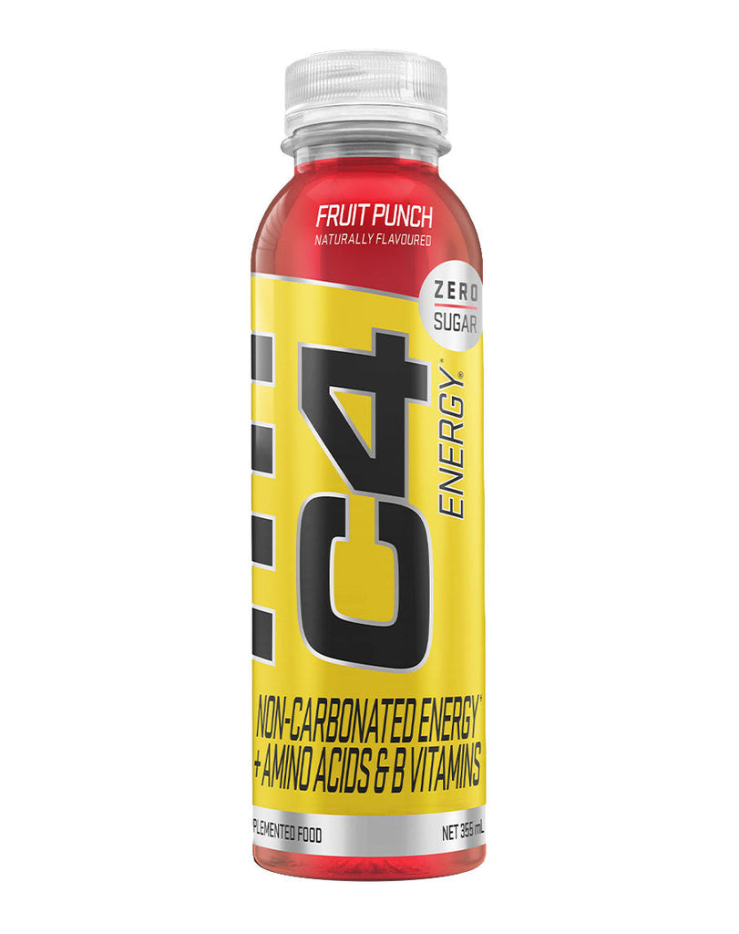 Cellucor C4 fruit punch energy beverage 355mL clear bottle, zero sugar formula with amino acids and vitamin blend
