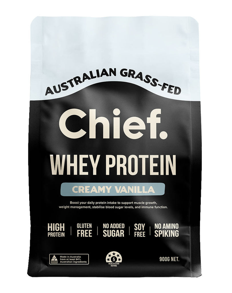 900g Chief whey protein in creamy vanilla flavour, Australian grass-fed, no added sugar, black and white bag