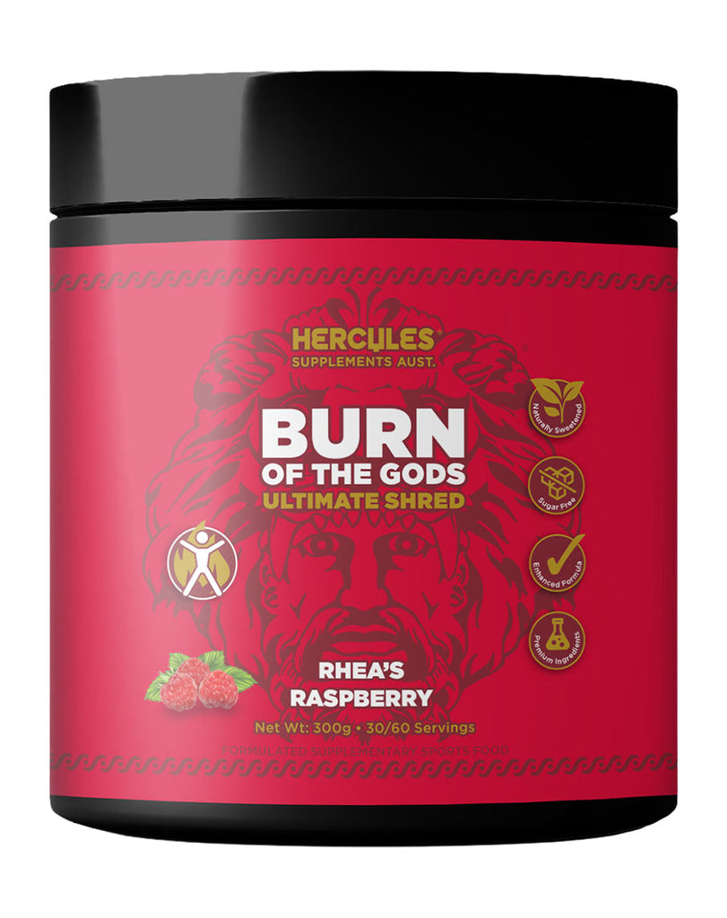 Rhea’s Raspberry Burn of the Gods thermogenic supplement by Hercules, 300g black tub with bold red branding