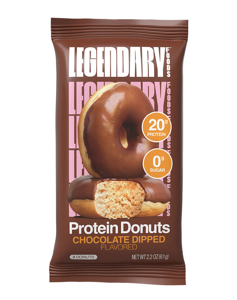 Chocolate Dipped flavoured protein donuts by Legendary Foods, twin donut pack with 20g protein, 0g sugar label
