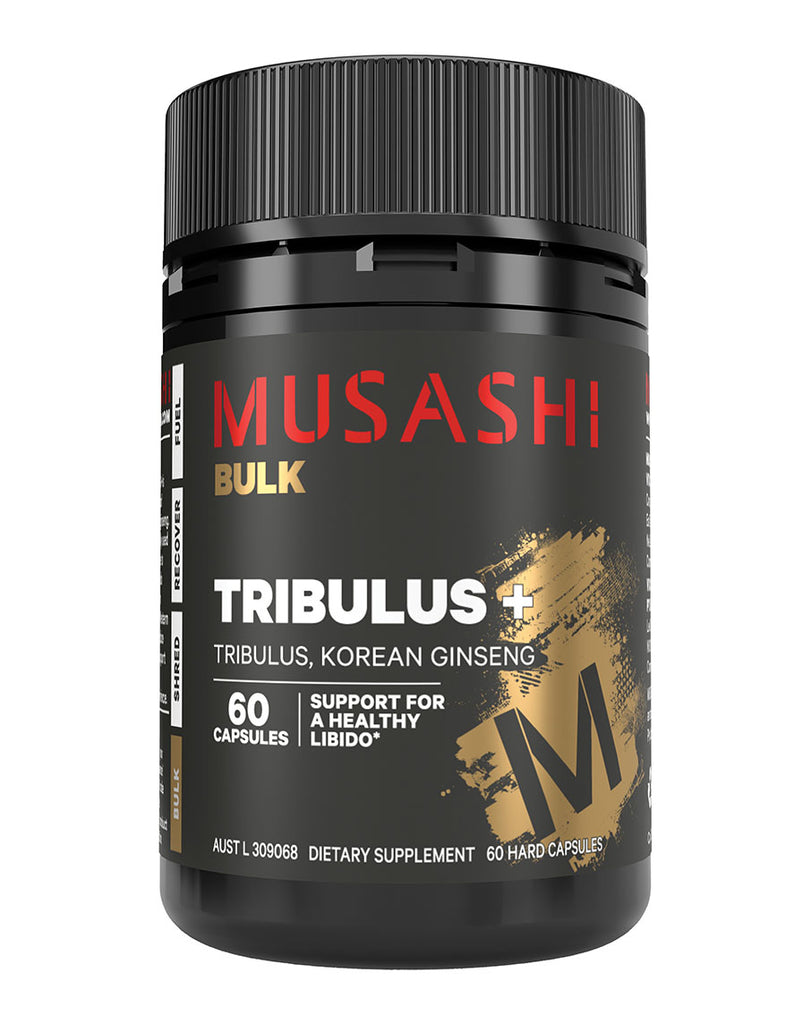 Black cylindrical container of Musashi Bulk Tribulus+ with bold red MUSASHI logo, gold BULK text, and white label detailing Tribulus and Korean Ginseng formula.