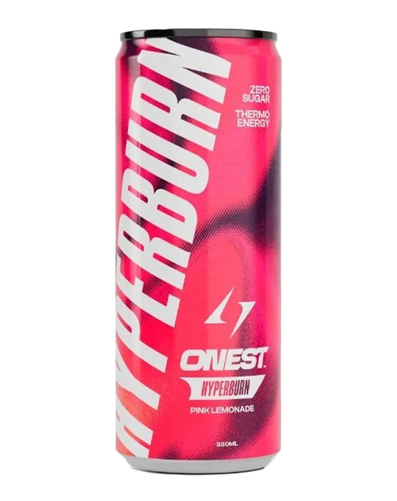 330ml ONEST Hyperburn energy drink can in pink lemonade flavour, pink packaging with thermo energy branding